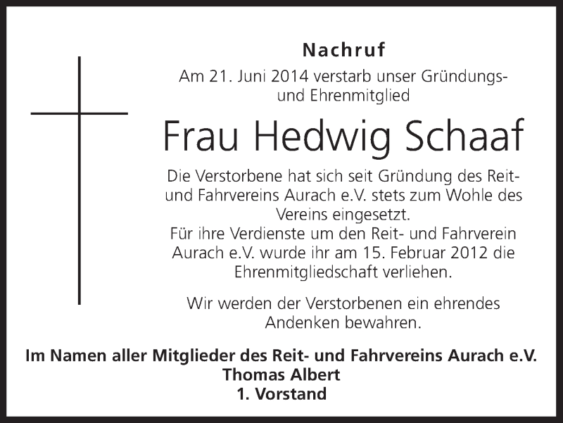  Traueranzeige für Hedwig Schaaf vom 26.06.2014 aus MGO