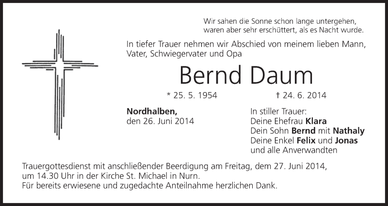  Traueranzeige für Bernd Daum vom 26.06.2014 aus MGO