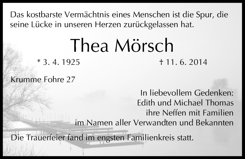  Traueranzeige für Thea Mörsch vom 30.06.2014 aus MGO