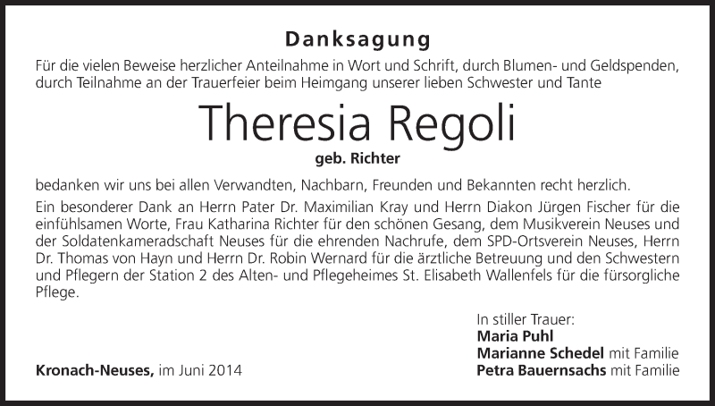  Traueranzeige für Theresia Regoli vom 28.06.2014 aus MGO