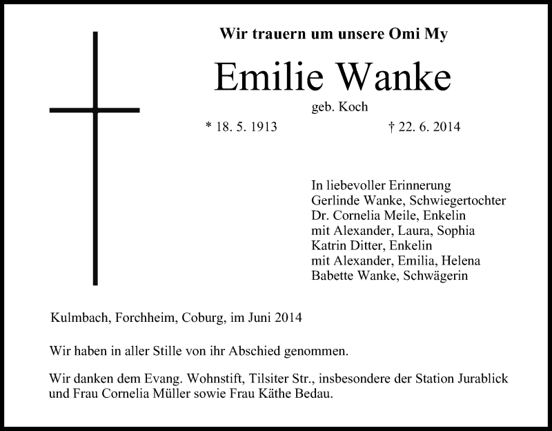  Traueranzeige für Emilie Wanke vom 28.06.2014 aus MGO