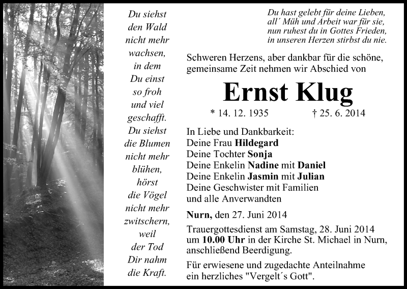  Traueranzeige für Ernst Klug vom 27.06.2014 aus MGO