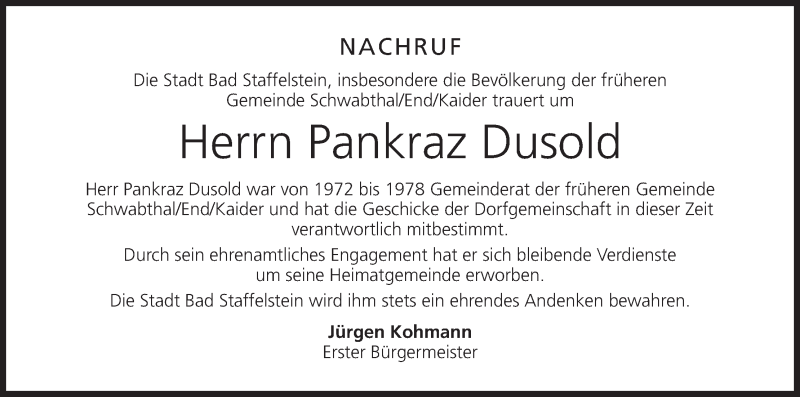  Traueranzeige für Pankraz Dusold vom 28.06.2014 aus MGO