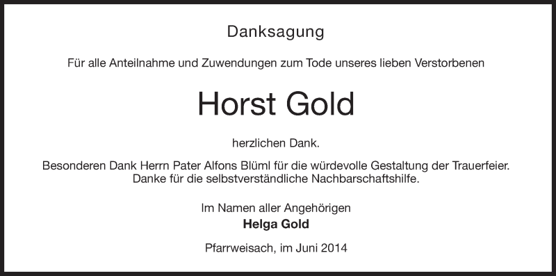  Traueranzeige für Horst Gold vom 28.06.2014 aus MGO