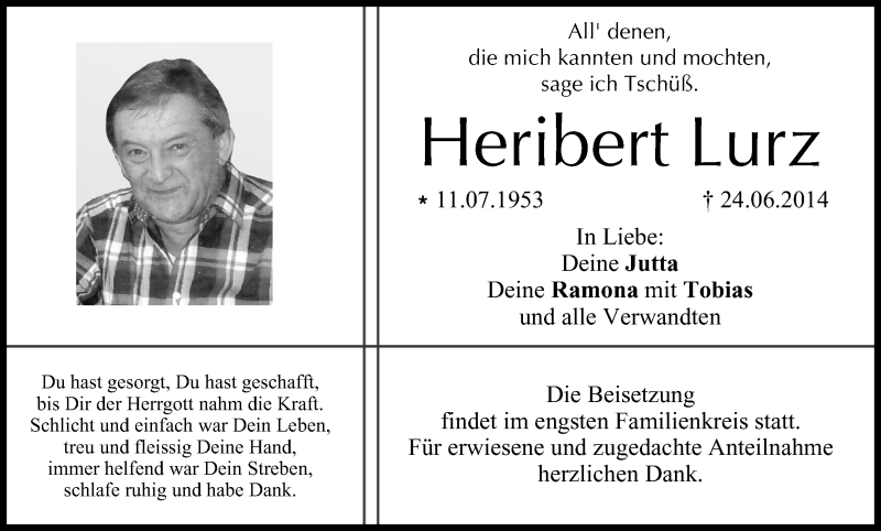  Traueranzeige für Heribert Lurz vom 28.06.2014 aus MGO