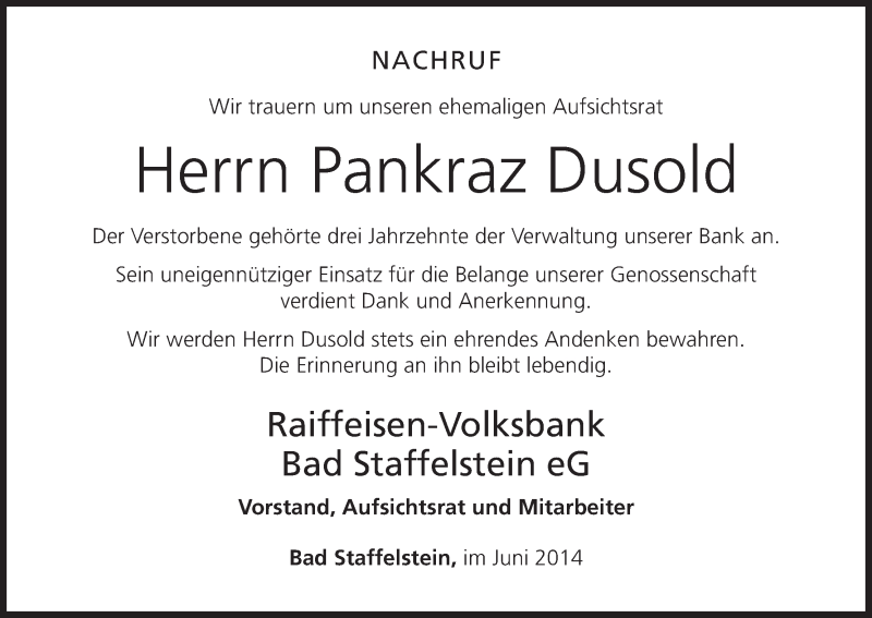  Traueranzeige für Pankraz Dusold vom 28.06.2014 aus MGO