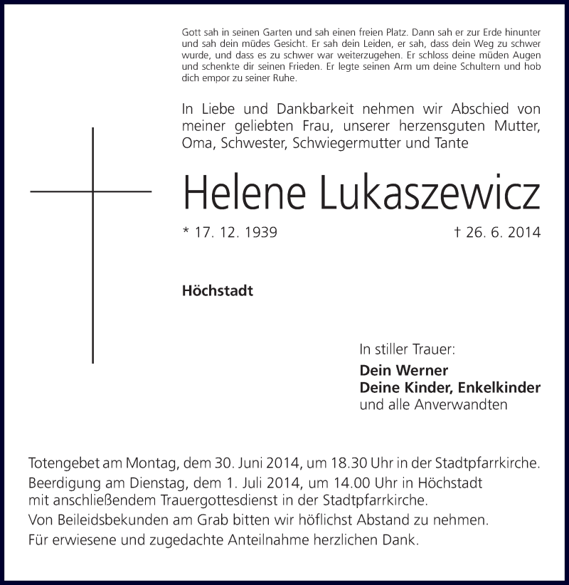  Traueranzeige für Helene Lukaszewicz vom 28.06.2014 aus MGO