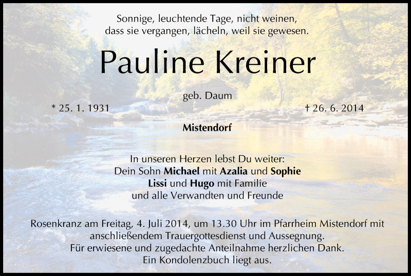  Traueranzeige für Pauline Kreiner vom 01.07.2014 aus MGO
