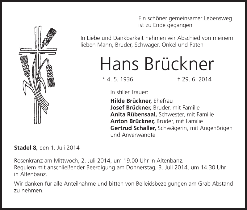  Traueranzeige für Hans Brückner vom 01.07.2014 aus MGO