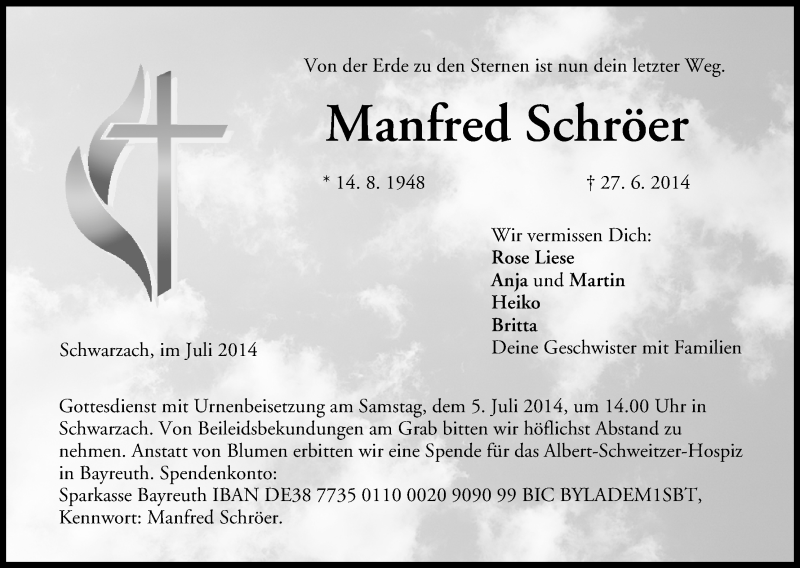  Traueranzeige für Manfred Schröer vom 03.07.2014 aus MGO
