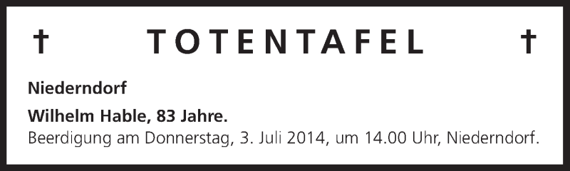  Traueranzeige für Totentafel vom 01.07.2014 vom 01.07.2014 aus MGO