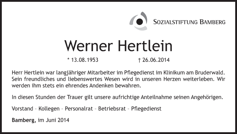  Traueranzeige für Werner Hertlein vom 02.07.2014 aus MGO