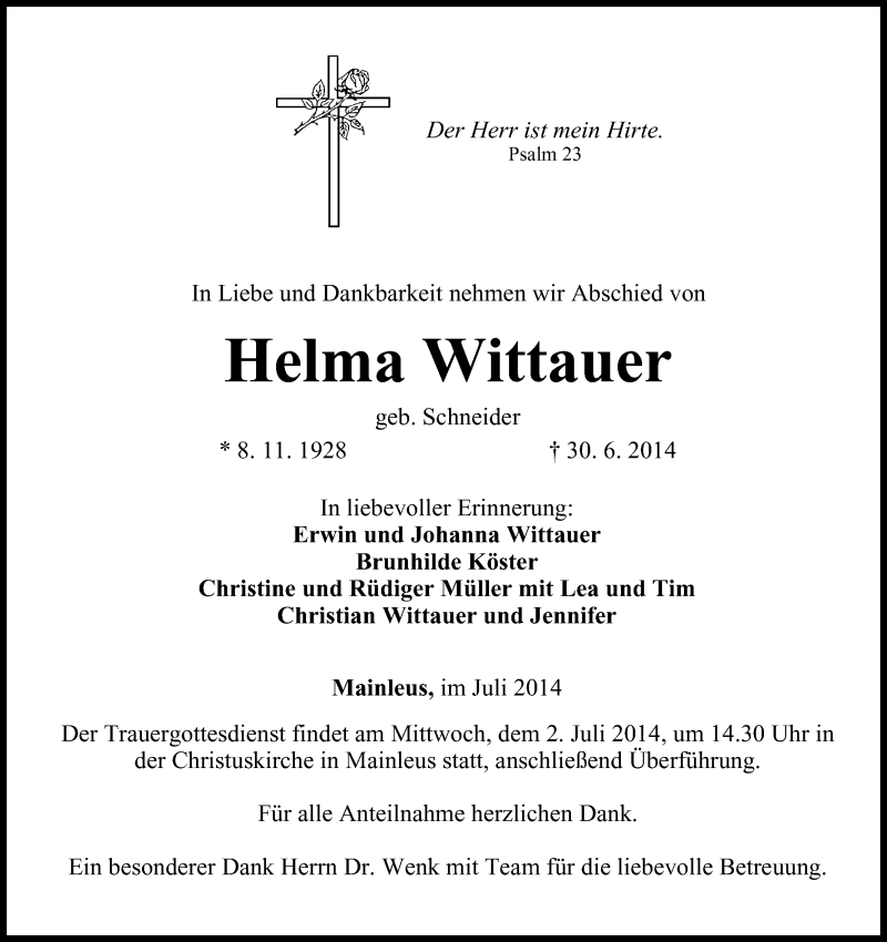  Traueranzeige für Helma Wittauer vom 01.07.2014 aus MGO