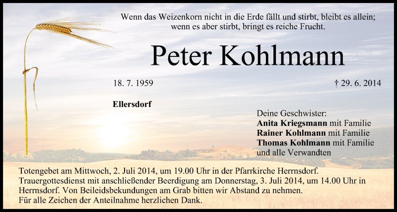  Traueranzeige für Peter Kohlmann vom 01.07.2014 aus MGO