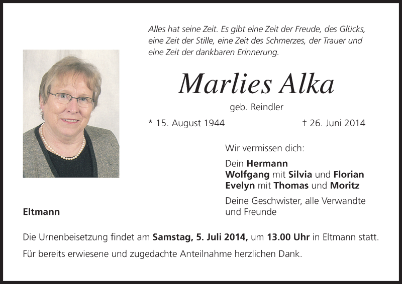  Traueranzeige für Marlies Alka vom 02.07.2014 aus MGO