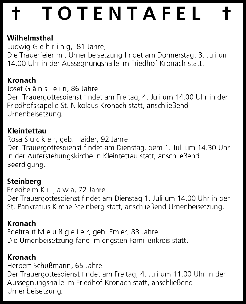  Traueranzeige für Totentafel vom 01.07.2014 vom 01.07.2014 aus MGO