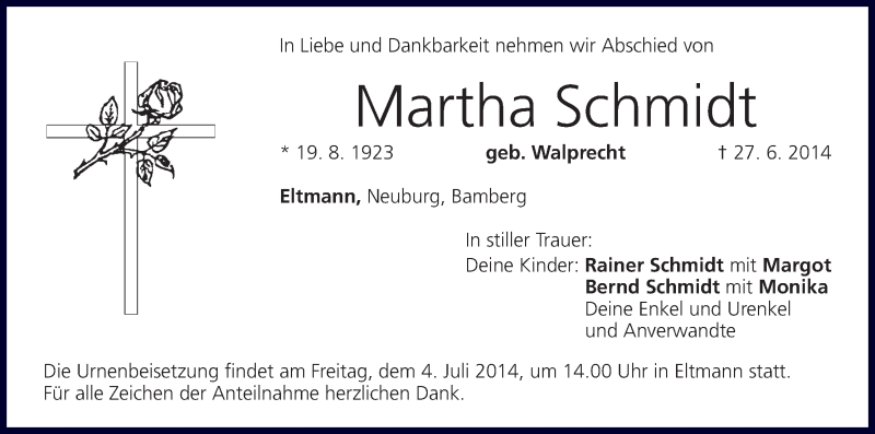  Traueranzeige für Martha Schmidt vom 02.07.2014 aus MGO