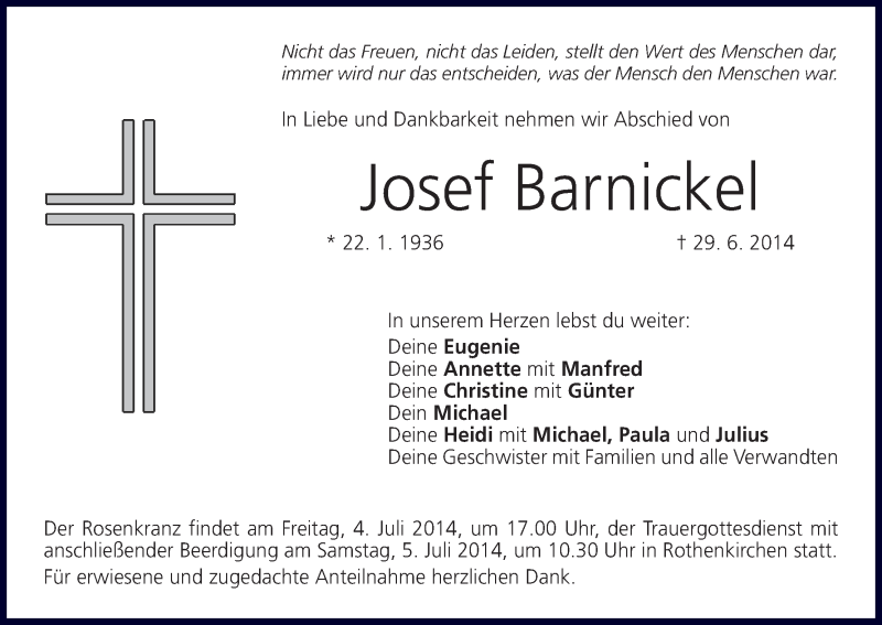  Traueranzeige für Josef Barnickel vom 03.07.2014 aus MGO