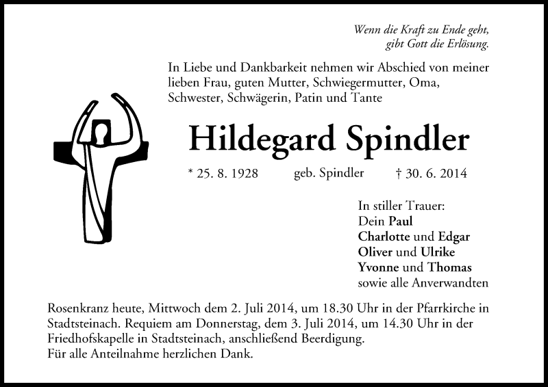  Traueranzeige für Hildegard Spindler vom 02.07.2014 aus MGO