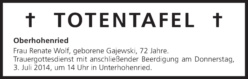  Traueranzeige für Totentafel vom 02.07.2014 vom 02.07.2014 aus MGO