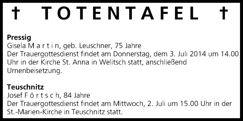  Traueranzeige für Totentafel vom 02.07.2014 vom 02.07.2014 aus MGO