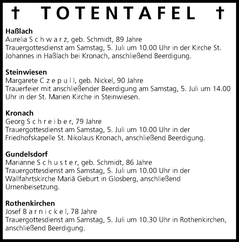  Traueranzeige für Totentafel vom 04.07.2014 vom 04.07.2014 aus MGO