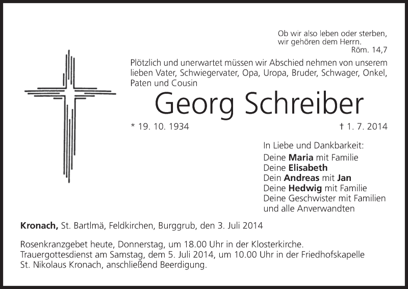  Traueranzeige für Georg Schreiber vom 03.07.2014 aus MGO
