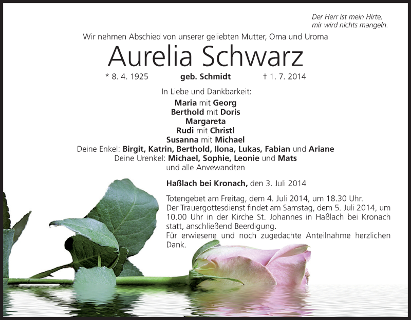  Traueranzeige für Aurelia Schwarz vom 03.07.2014 aus MGO