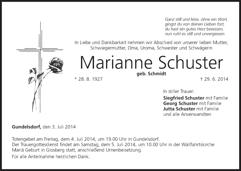  Traueranzeige für Marianne Schuster vom 03.07.2014 aus MGO