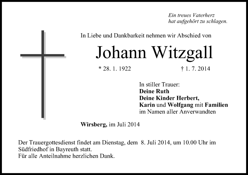  Traueranzeige für Johann Witzgall vom 05.07.2014 aus MGO