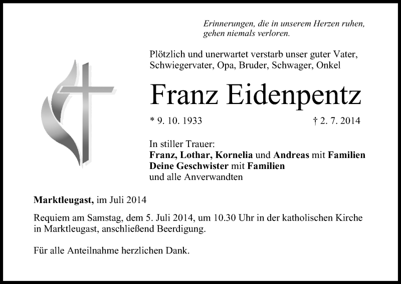  Traueranzeige für Franz Eidenpentz vom 04.07.2014 aus MGO