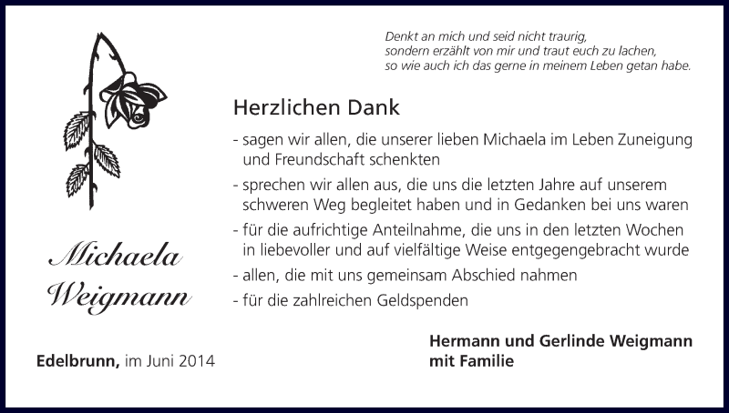  Traueranzeige für Michaela Weigmann vom 05.07.2014 aus MGO