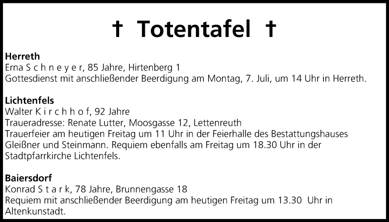  Traueranzeige für Totentafel vom 04.07.2014 vom 04.07.2014 aus MGO