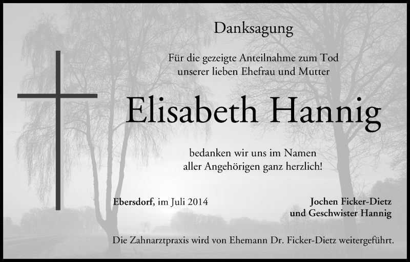  Traueranzeige für Elisabeth Hannig vom 05.07.2014 aus MGO