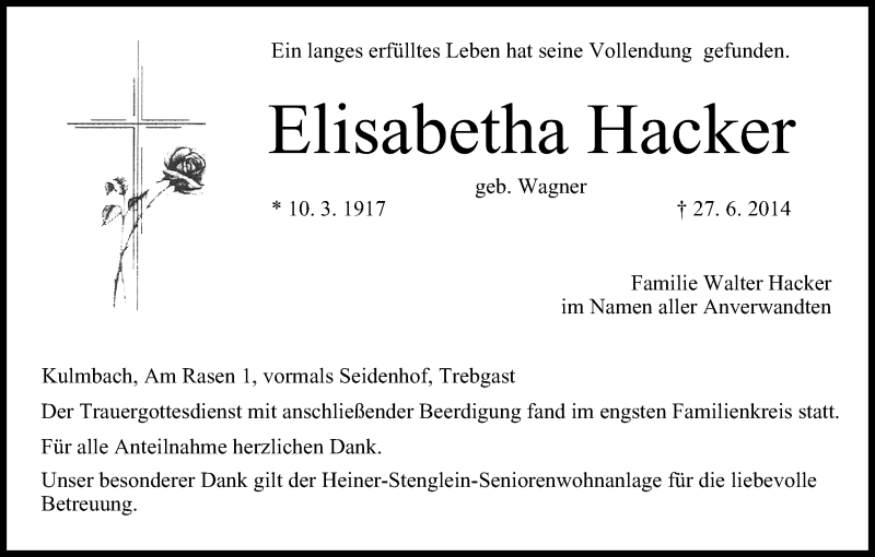  Traueranzeige für Elisabetha Hacker vom 05.07.2014 aus MGO