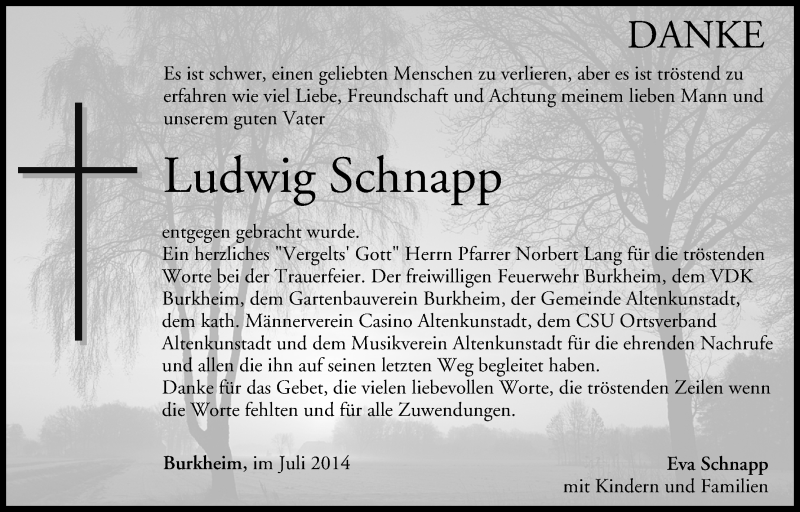 Traueranzeige für Ludwig Schnapp vom 05.07.2014 aus MGO