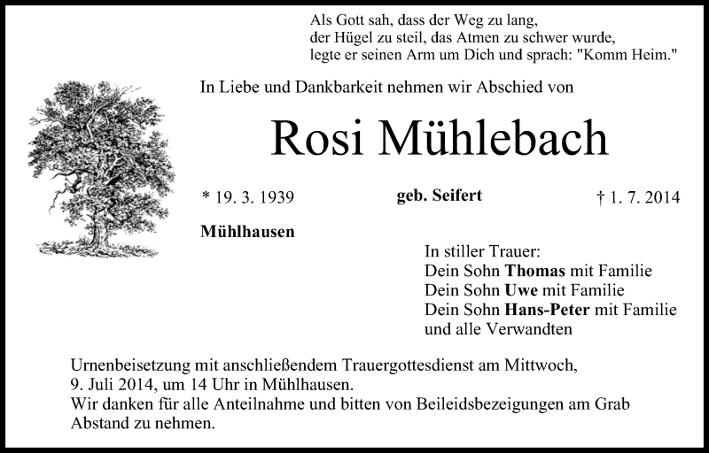  Traueranzeige für Rosi Mühlenbach vom 05.07.2014 aus MGO