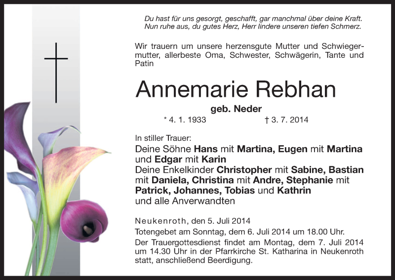  Traueranzeige für Annemarie Rebhan vom 05.07.2014 aus MGO