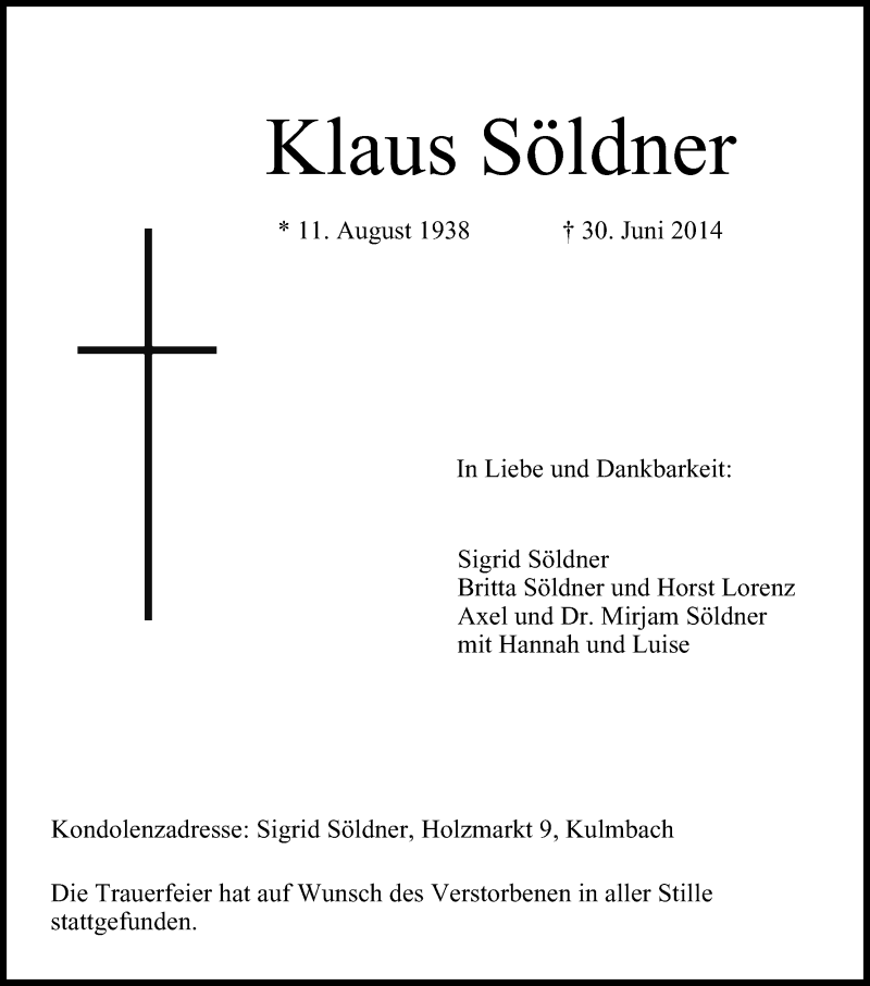  Traueranzeige für Klaus Söldner vom 10.07.2014 aus MGO