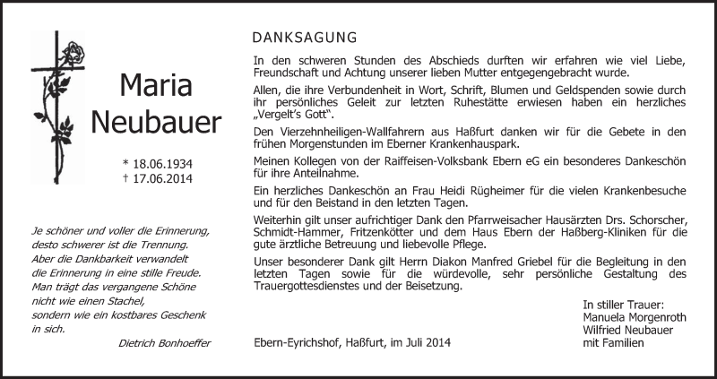  Traueranzeige für Maria Neubauer vom 05.07.2014 aus MGO