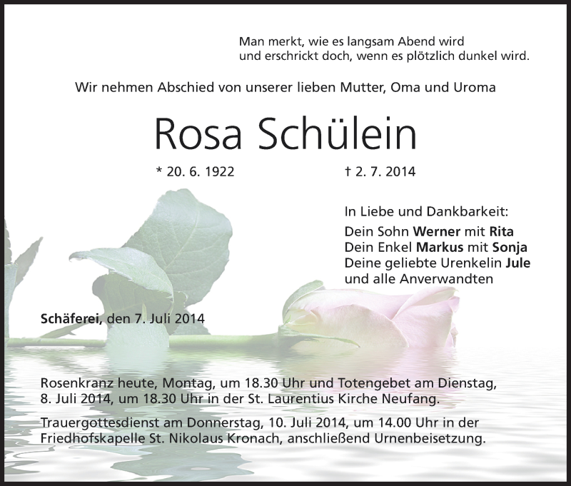  Traueranzeige für Rosa Schülein vom 07.07.2014 aus MGO
