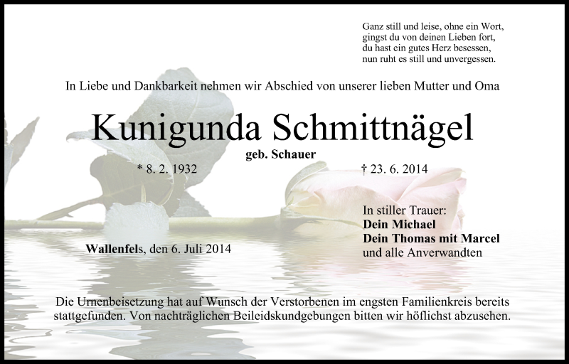  Traueranzeige für Kunigunda Schmittnägel vom 05.07.2014 aus MGO