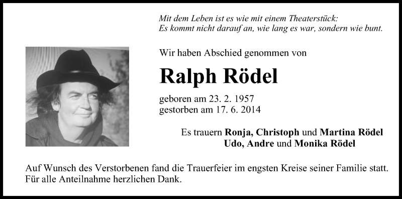  Traueranzeige für Ralph Rödel vom 05.07.2014 aus MGO