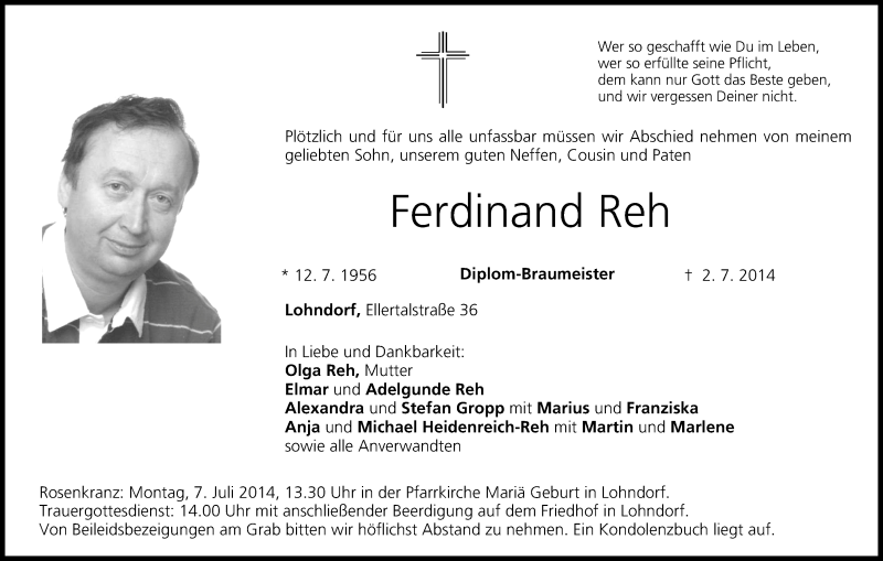  Traueranzeige für Ferdinand Reh vom 05.07.2014 aus MGO
