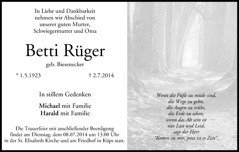  Traueranzeige für Betti Rüger vom 05.07.2014 aus MGO