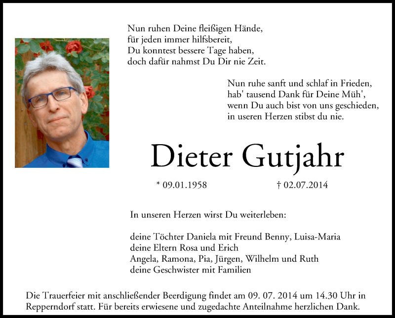  Traueranzeige für Dieter Gutjahr vom 07.07.2014 aus MGO