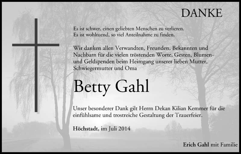  Traueranzeige für Betty Gahl vom 08.07.2014 aus MGO