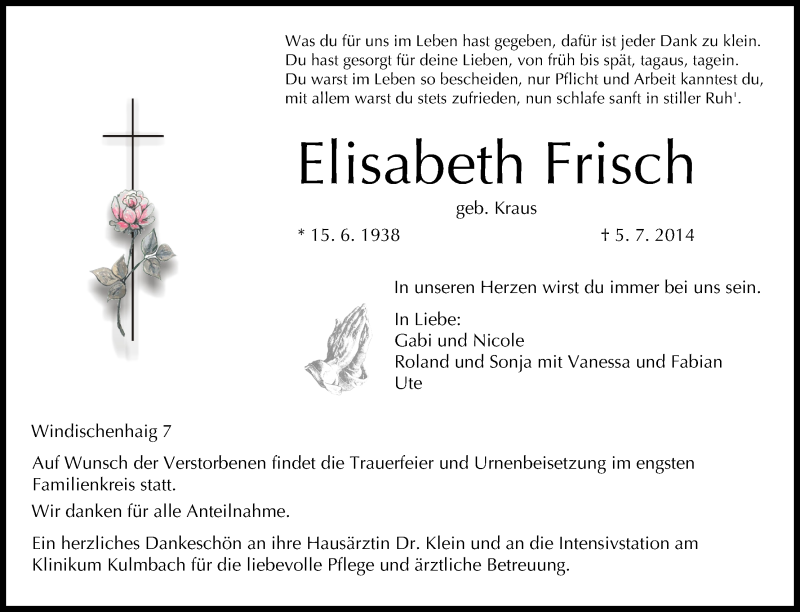  Traueranzeige für Elisabeth Frisch vom 08.07.2014 aus MGO