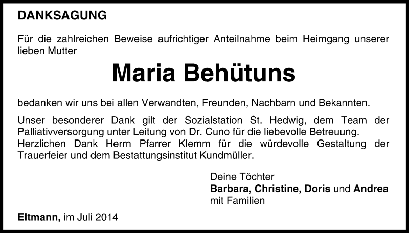  Traueranzeige für Maria Behütuns vom 12.07.2014 aus MGO