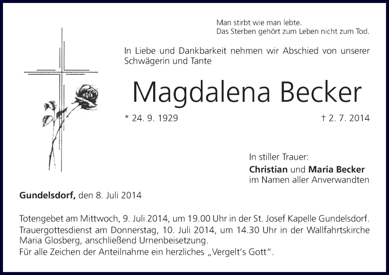  Traueranzeige für Magdalena Becker vom 08.07.2014 aus MGO